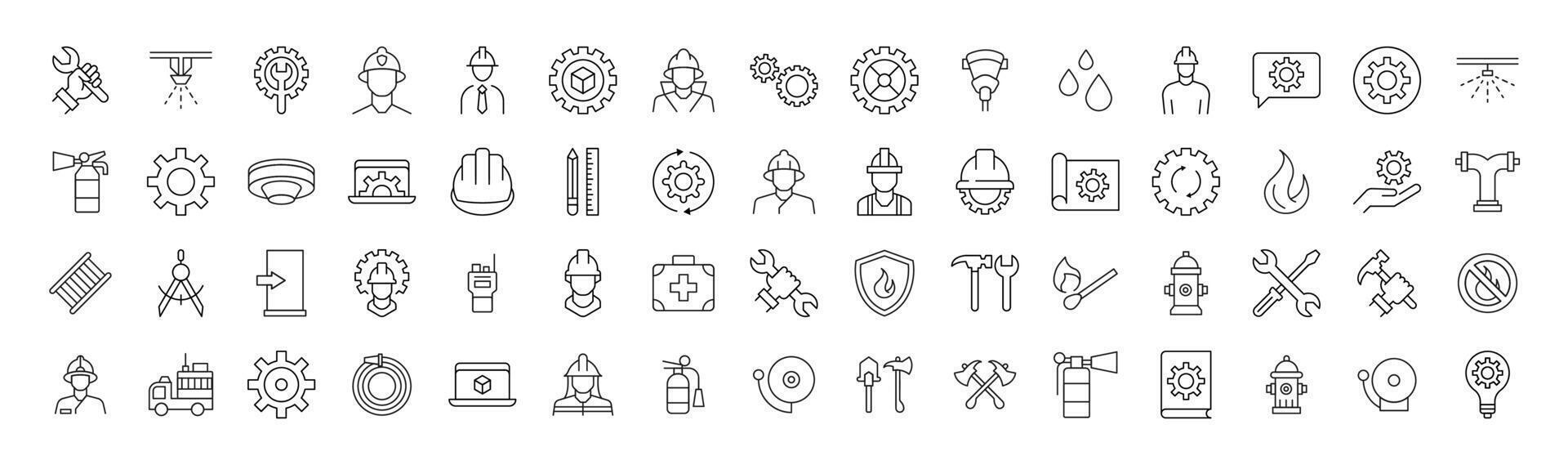 Collection of Icons of firefighter, engineer, builder for Shops and Stores. Suitable for books, stores, shops. Editable stroke in minimalistic outline style. Symbol for design vector