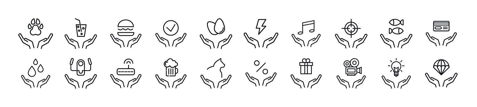 Items over hands line icons collection. Editable stroke. Simple linear illustration for web sites, newspapers, articles book vector