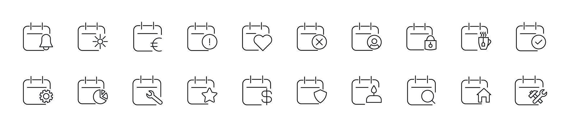 Simple outline signs of calendars with various items. Editable stroke. Line icons for web sites, newspapers, articles book vector