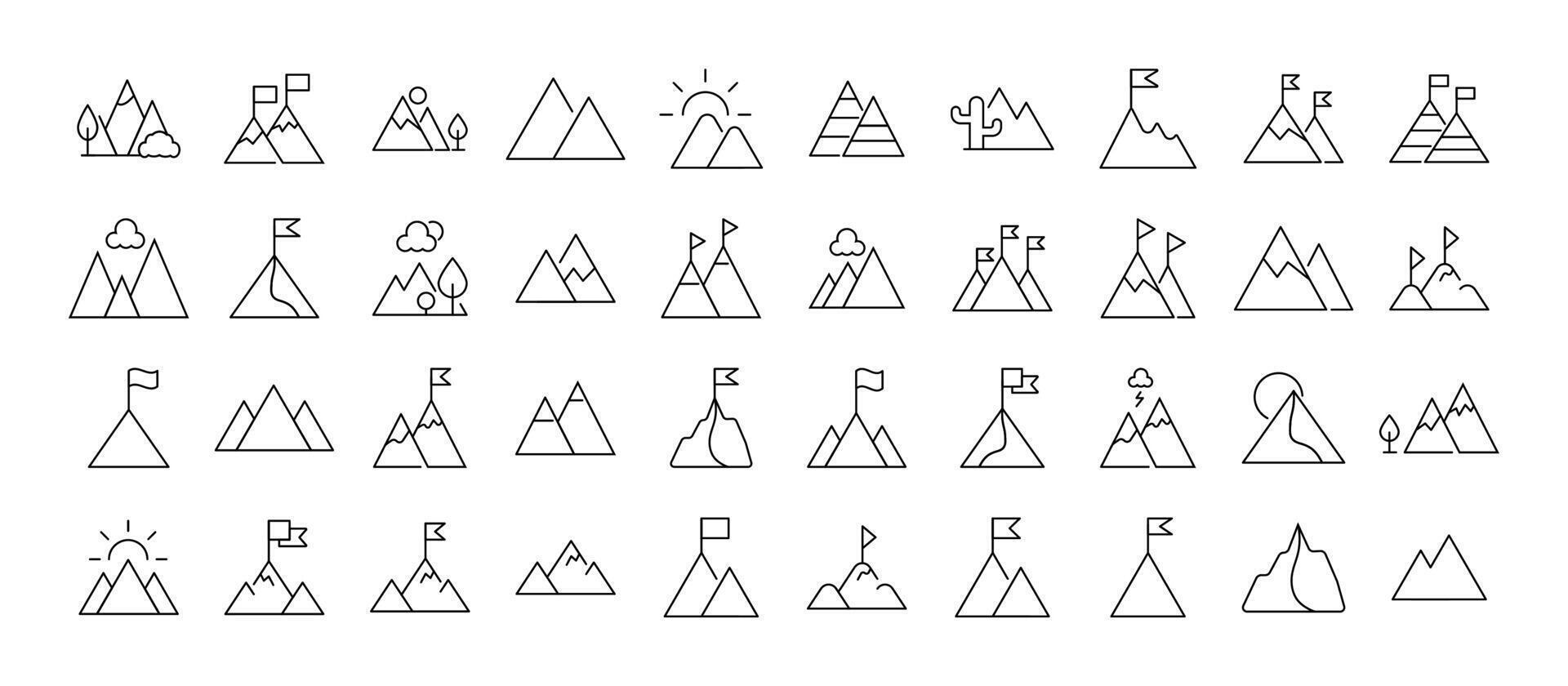 Collection of Line Icons of mountains as symbol of travel and hiking. Suitable for books, stores, shops. Editable stroke in minimalistic outline style. Symbol for design vector
