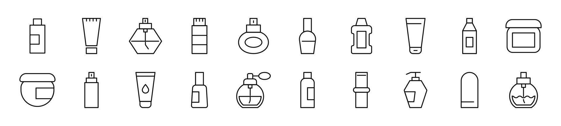 Pack of linear symbols of cosmetic bottles. Editable stroke. Linear symbol for web sites, newspapers, articles book vector