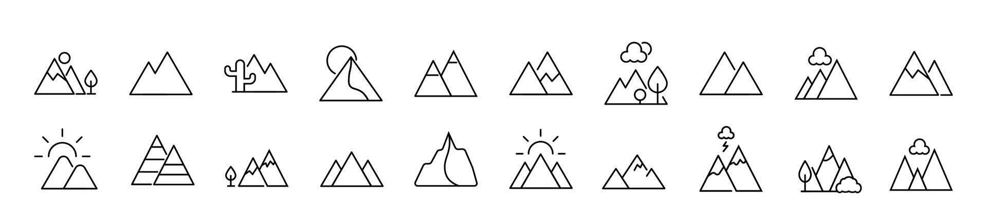Collection of thin line icons of mountain. Editable stroke. Simple linear illustration for web sites, newspapers, articles book vector