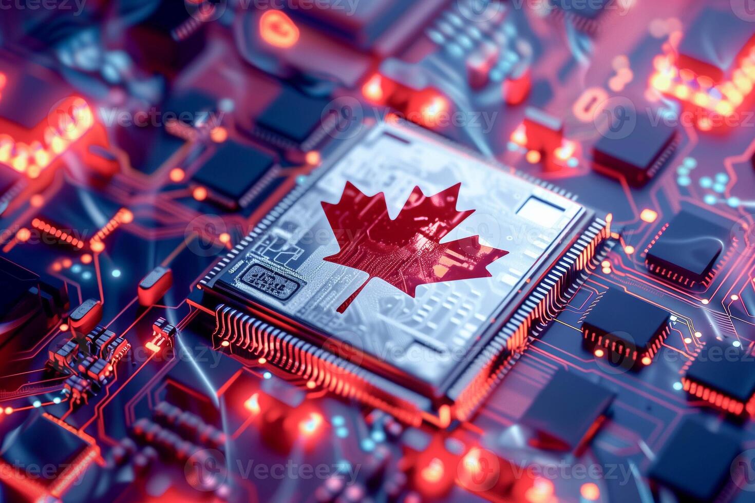 Canada flag on CPU chip circuit board computer manufacturing factory. photo