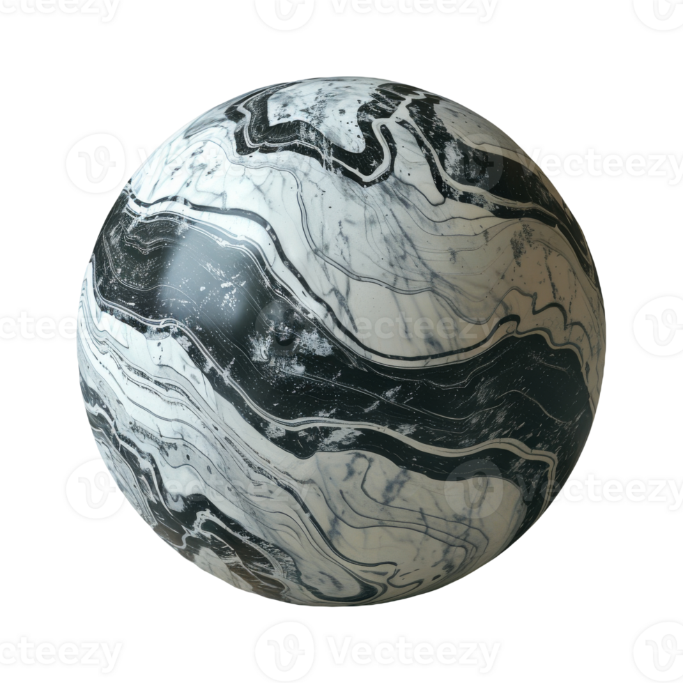Marble Sphere with Swirling Black and White Texture On Isolated Background png
