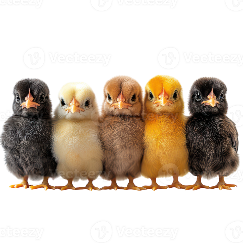 Five baby chickens standing in a row png