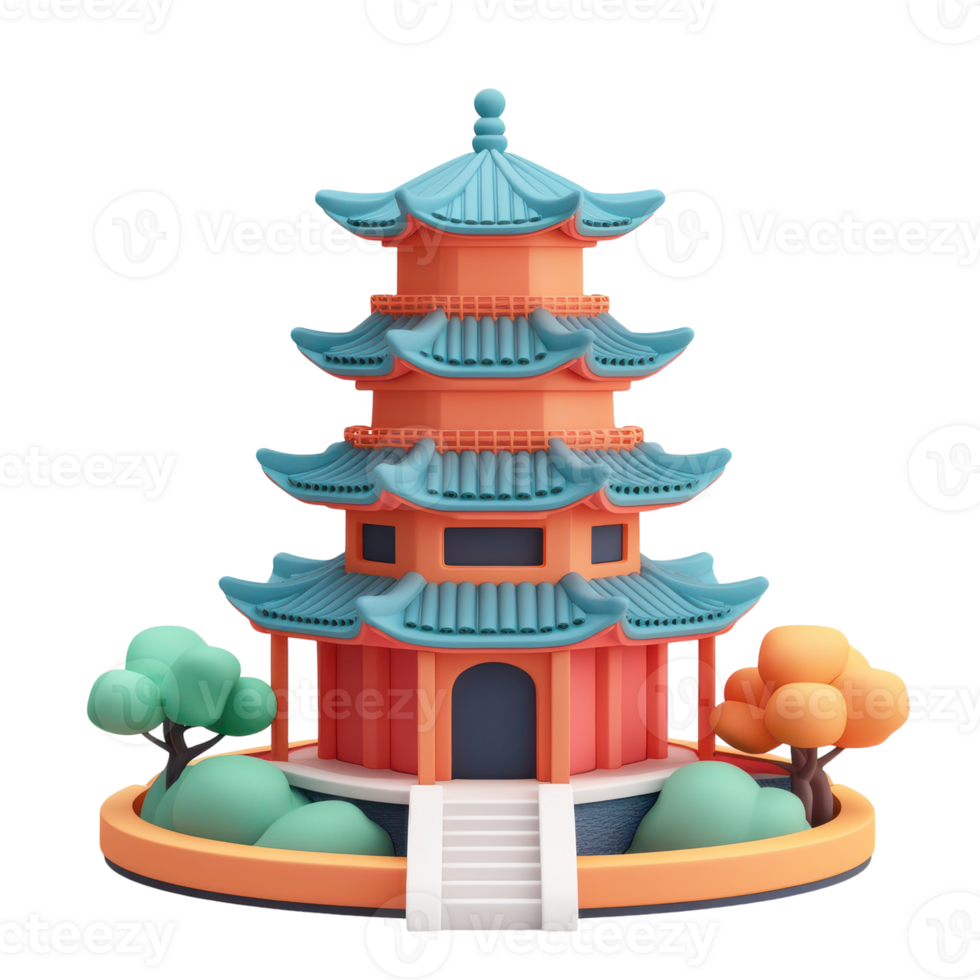 A chinese pagoda with a tree and a small building png