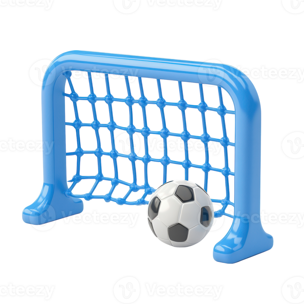 A soccer ball and net sitting on a blue plastic toy png