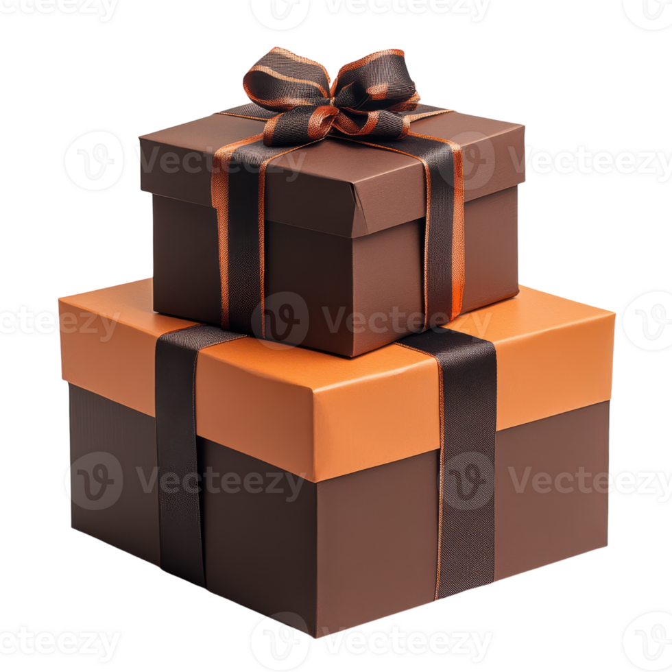 Two brown and orange gift boxes with black ribbon png