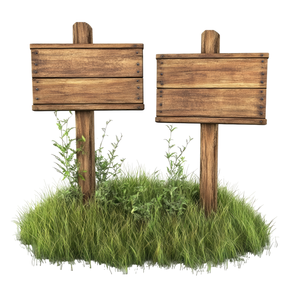 Two wooden signs in the grass with grass growing around them png