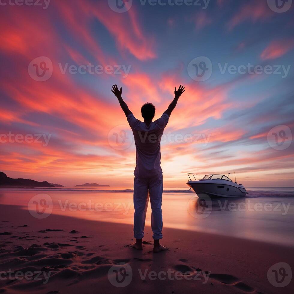 A man stands on the beach with his arms raised, looking out at the ocean photo