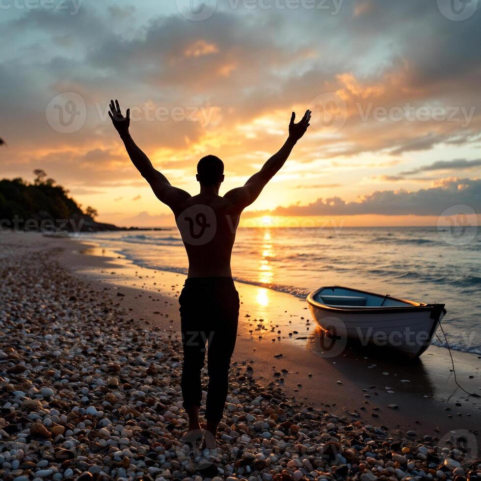 A man is standing on the beach with his arms raised photo