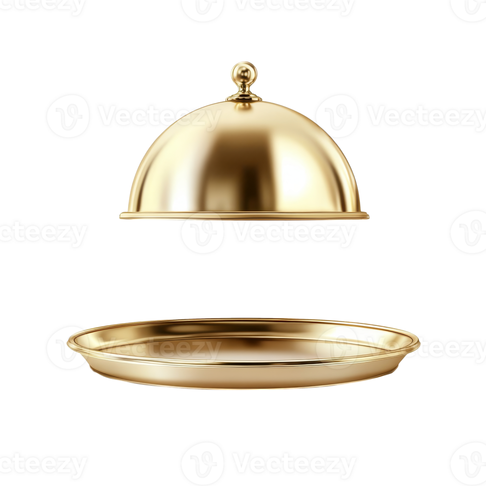 A gleaming golden cloche hovers above an elegant serving platter, ready to unveil a culinary masterpiece in a sophisticated setting png