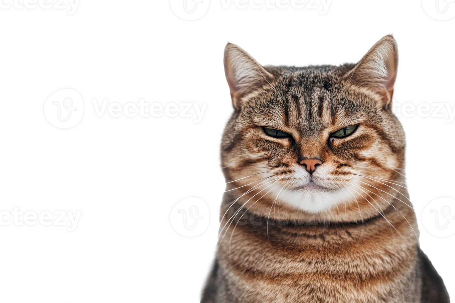 A curious tabby cat gazes intently at the camera in a bright, minimalist room during the early afternoon png