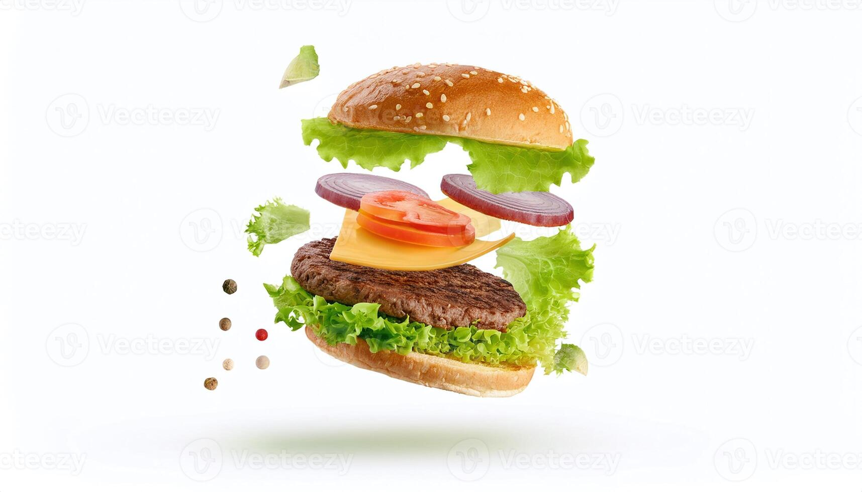 classic burger on white background with juicy patty and fresh toppings photo