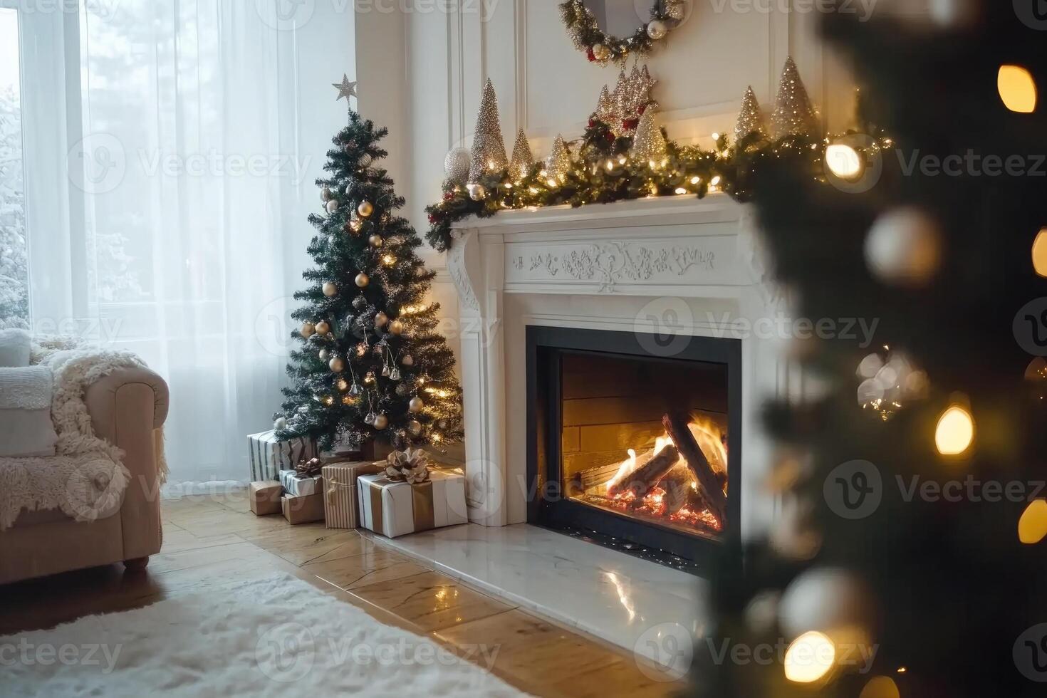 Bright living room with Christmas decor, New Year tree and fireplace photo