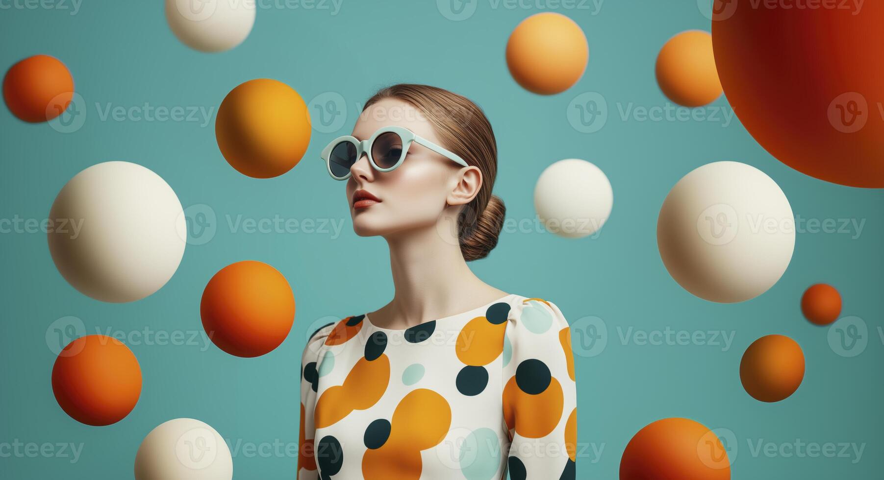 Retro young woman in sunglasses and colorful 60s style dress with sports, surrounded by floating spheres. Retro futuristic fashionable background. photo