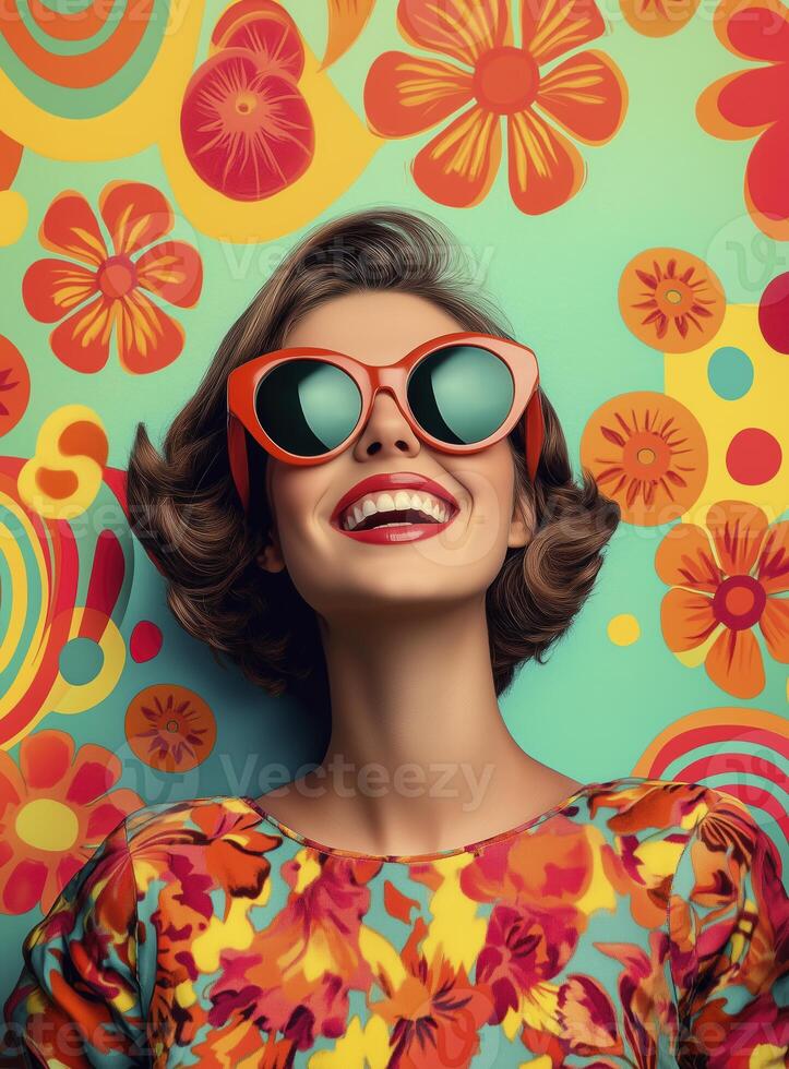 Young, smiling, woman from 60s with sunglasses against vibrant floral pattern wallpaper. Nostalgic springtime background. photo