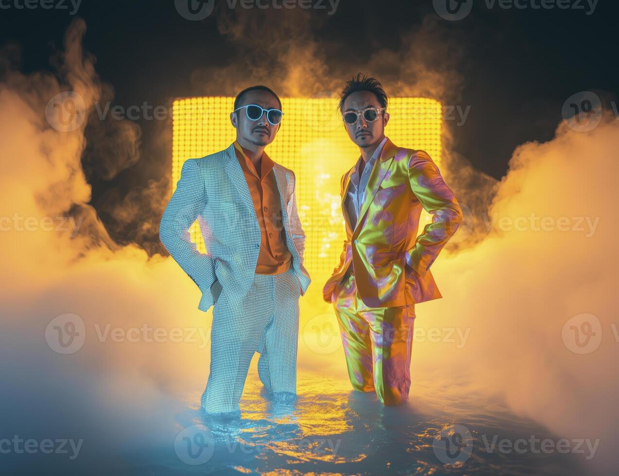 Two Asian businessmen, wearing extravagant suits, standing in a pool of water and smoke rising behind. Retro corporate background. photo