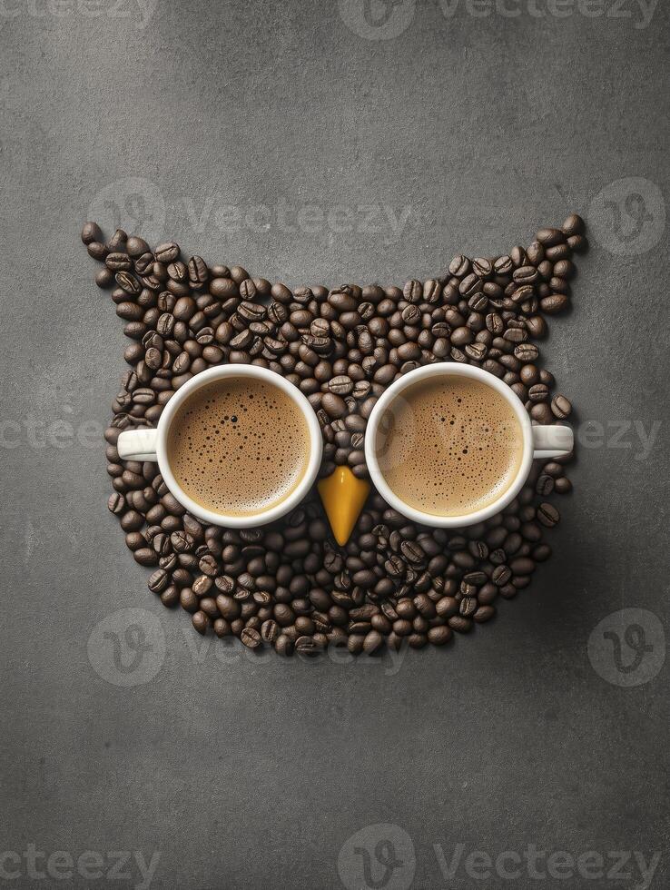 Coffee beans arranged in a shape of an owl with coffee mugs instead of eyes. No sleep conceptual background photo