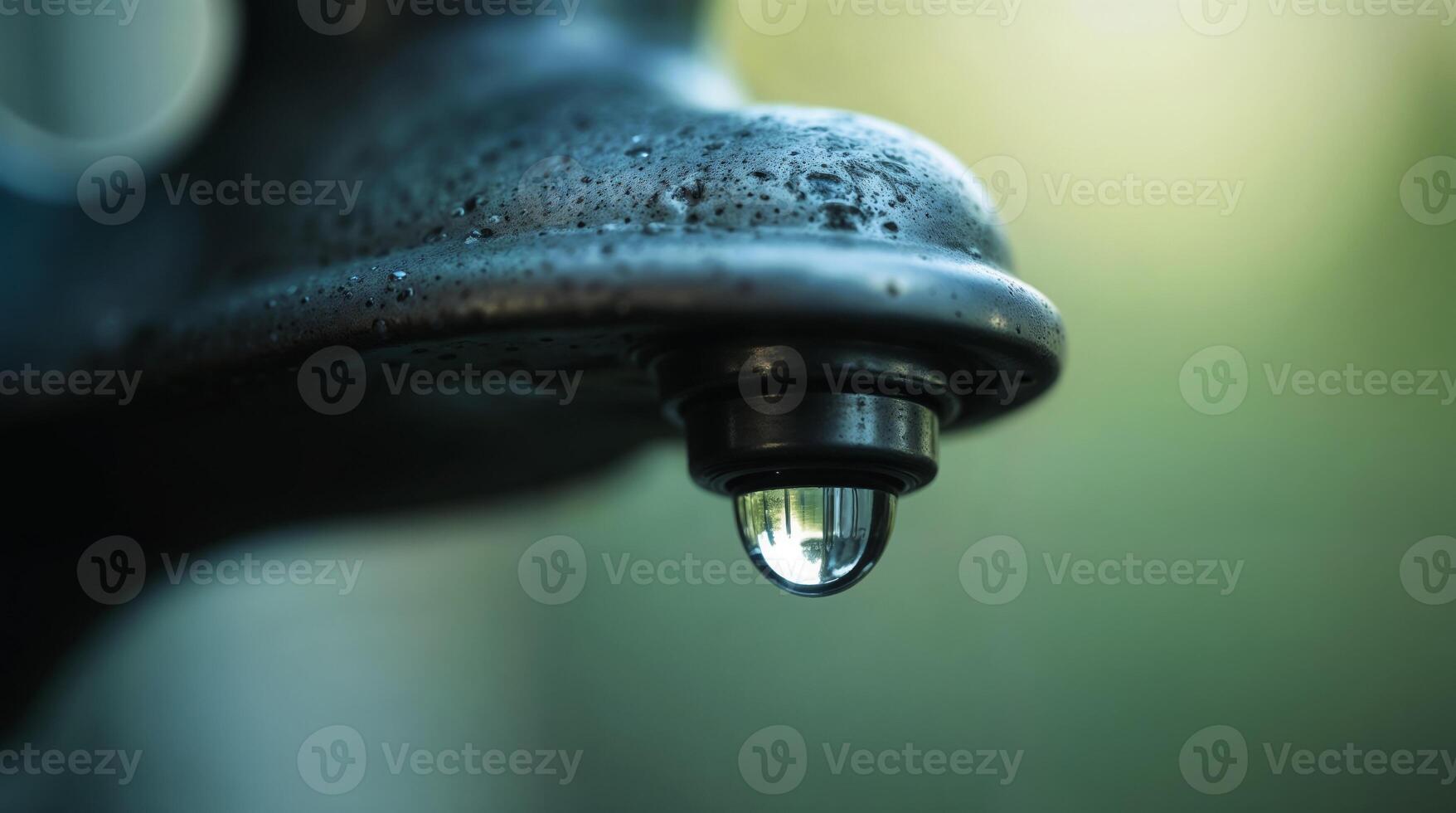 Single water droplet dangles from an aged faucet photo
