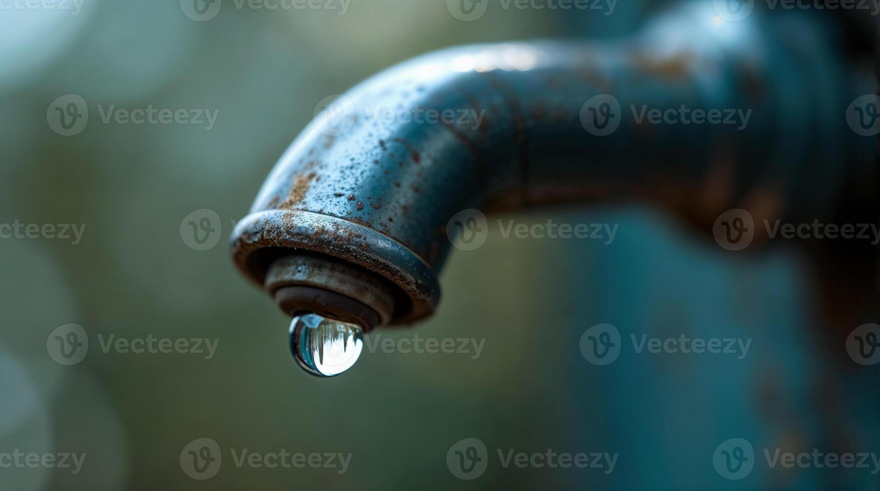 Water droplet poised on the edge of an old faucet photo