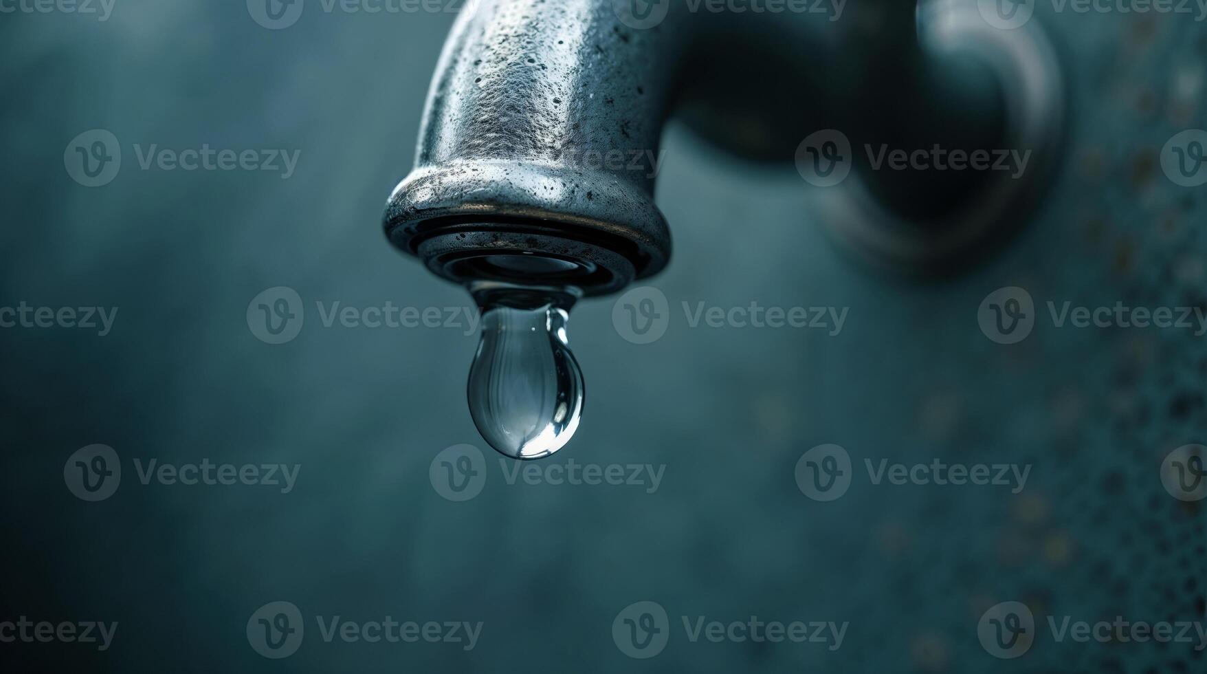 Clear water droplet hanging from an old faucet photo