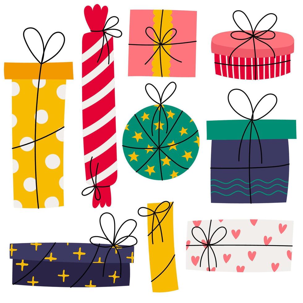 Gift boxes set. Holiday gifts of different sizes, wrapped in holiday paper. vector