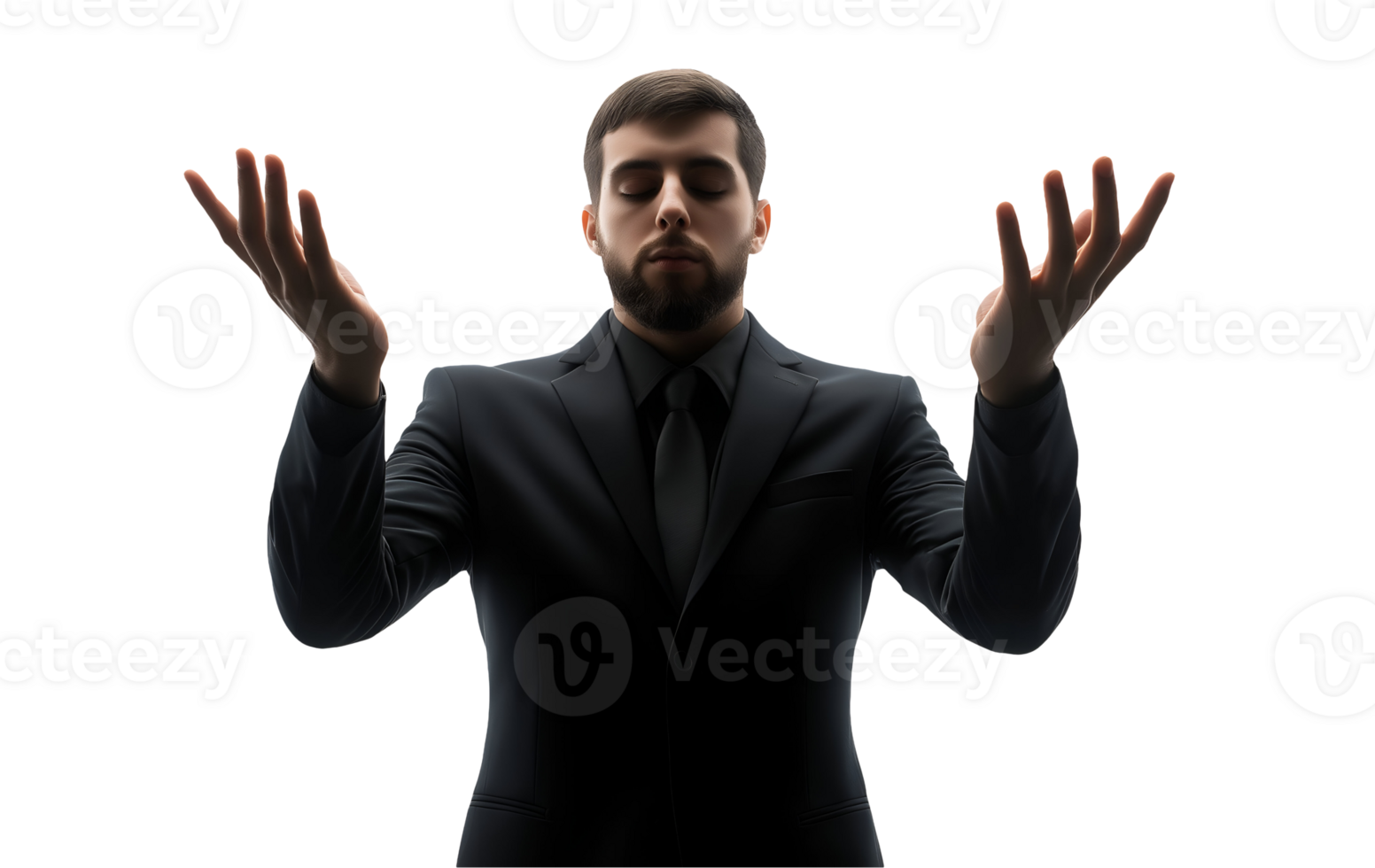 mysterious magician in black suit with hands raised performing magic trick on isolated background png