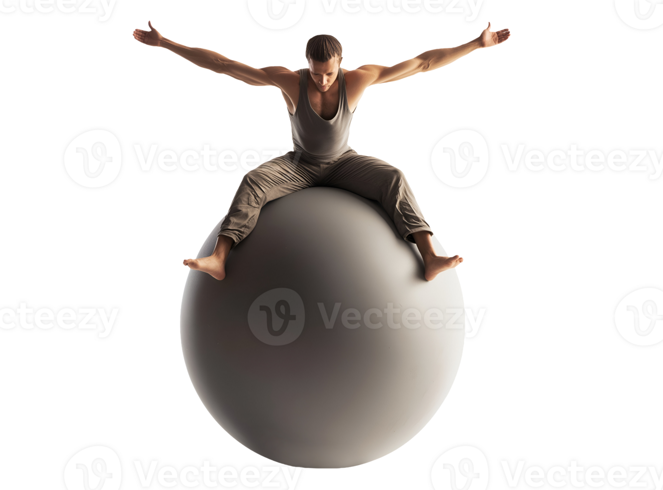 acrobat balancing on a large ball with arms stretched out on isolated background png