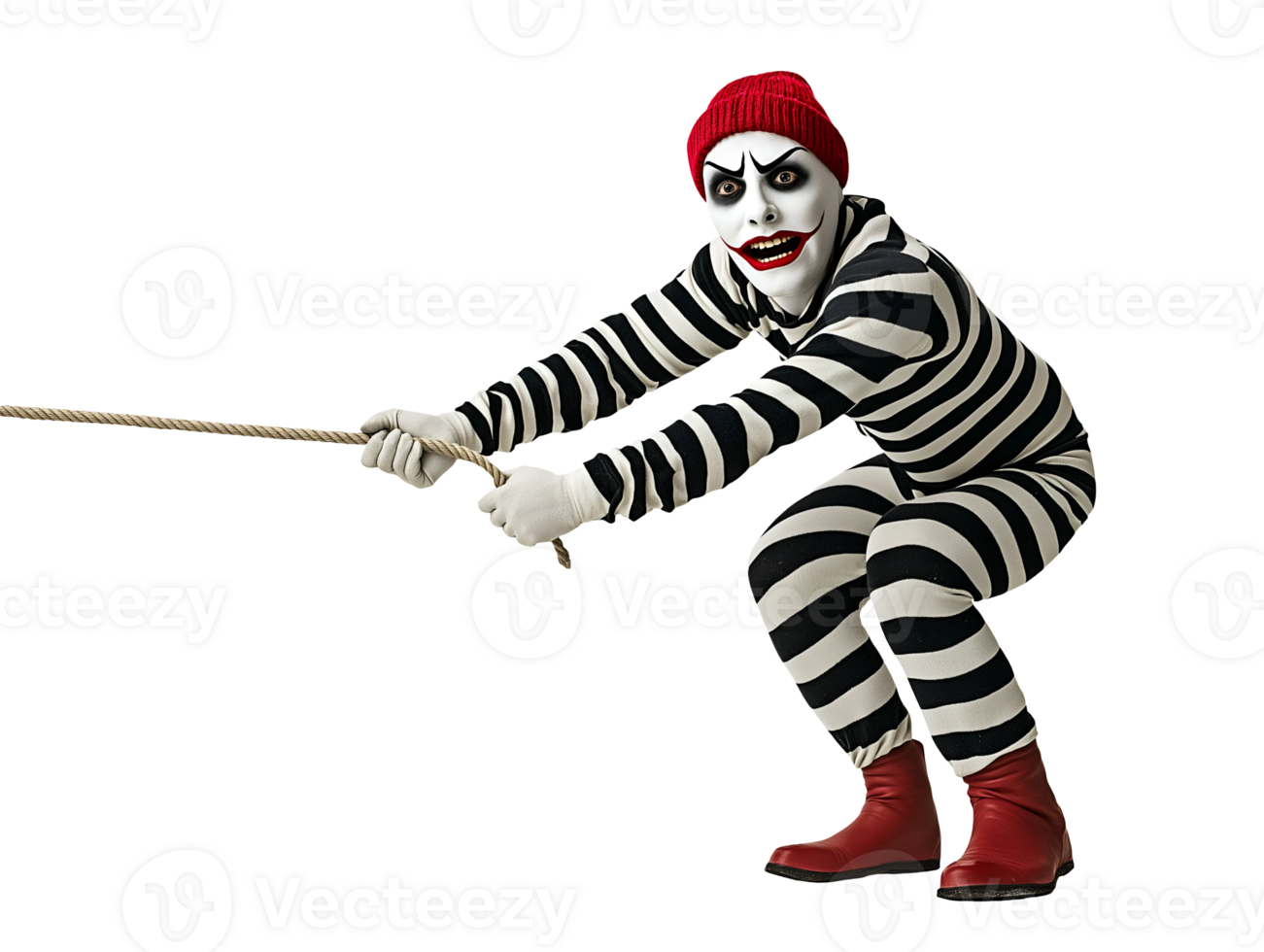 mime performing classic pulling a rope routine with exaggerated expressions and striped costume on isolated background png