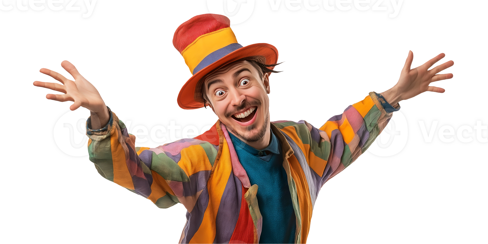 comedian dressed in a quirky costume playing the fool with an exaggerated expression on isolated background png