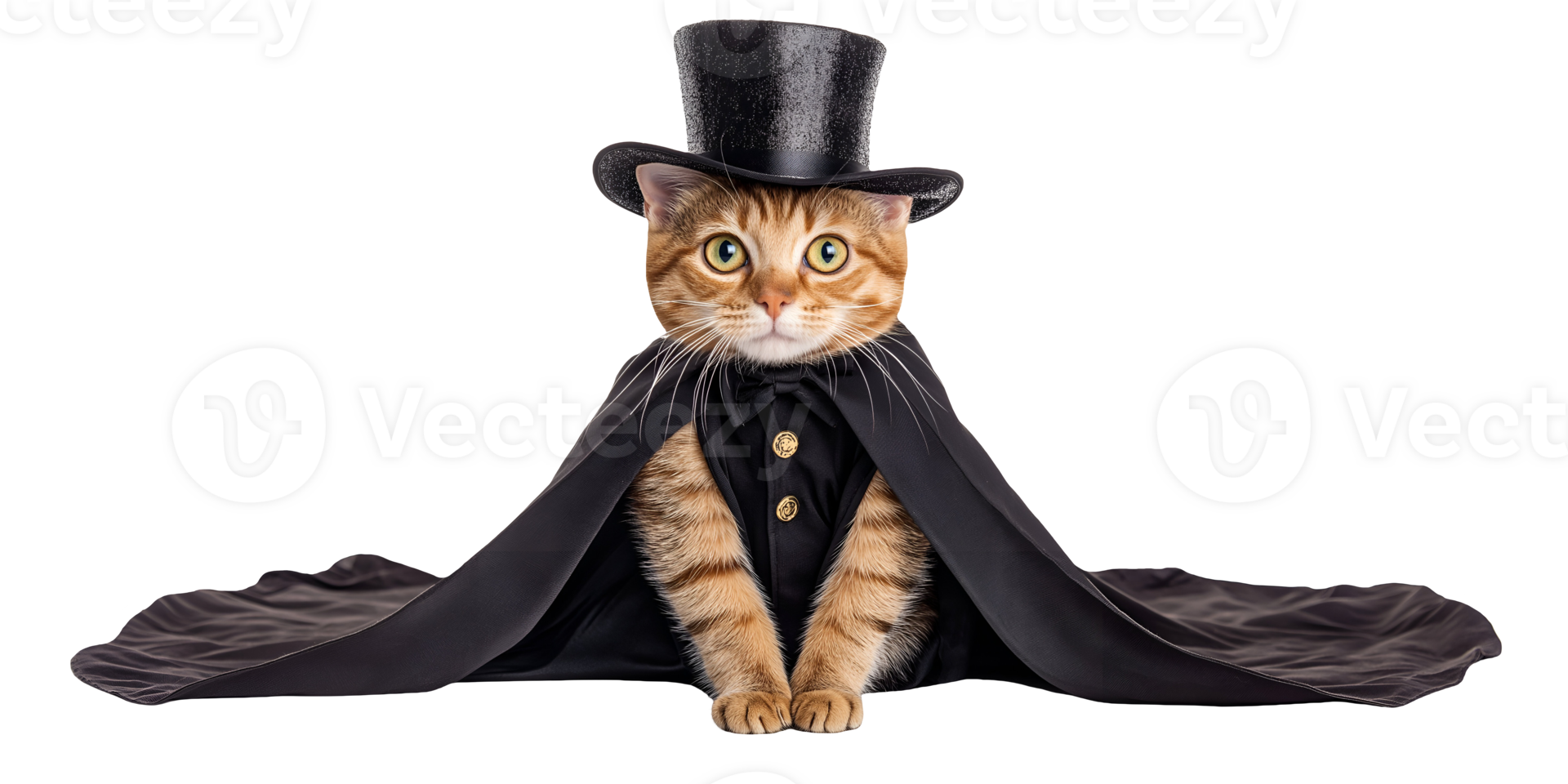 funny cat dressed in a magician's outfit complete with a top hat and cape sitting on isolated background png