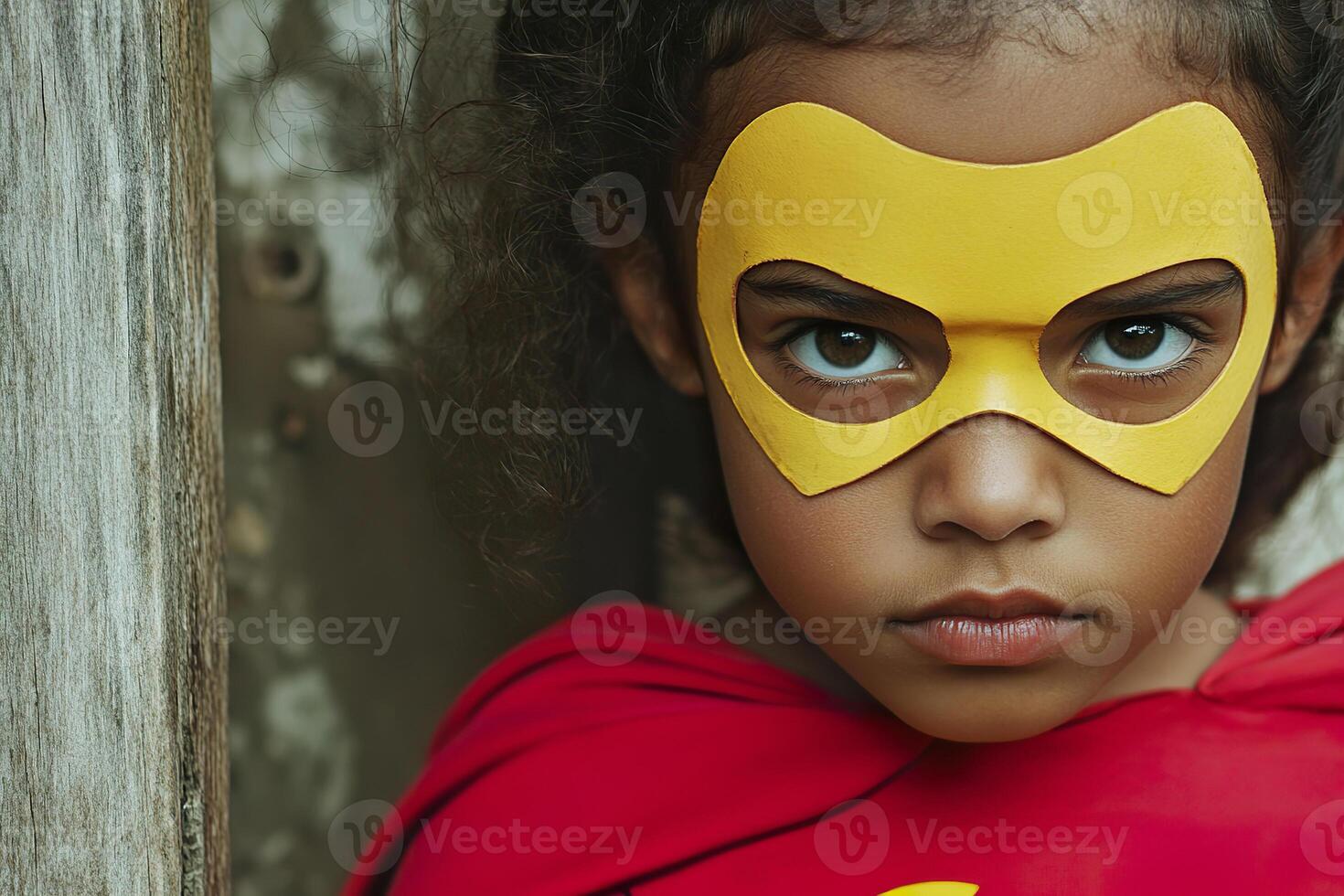 African American girl dressed as a superhero showcasing determination and strength. photo