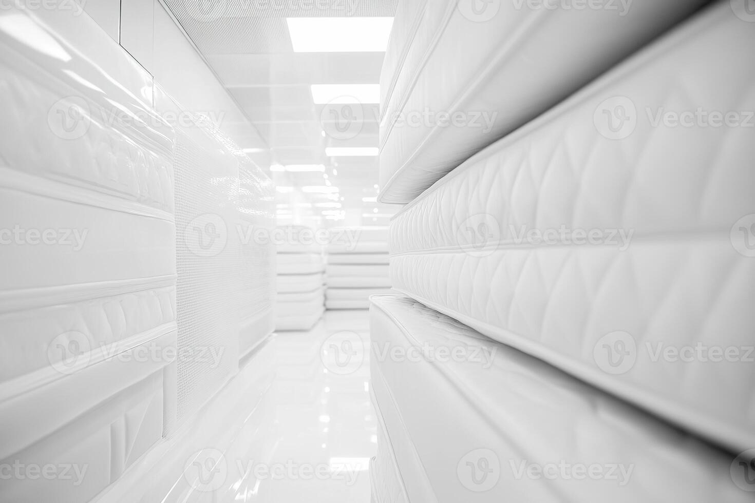 Bright and spacious store showcasing array of a collection of white mattresses arranged neatly. photo