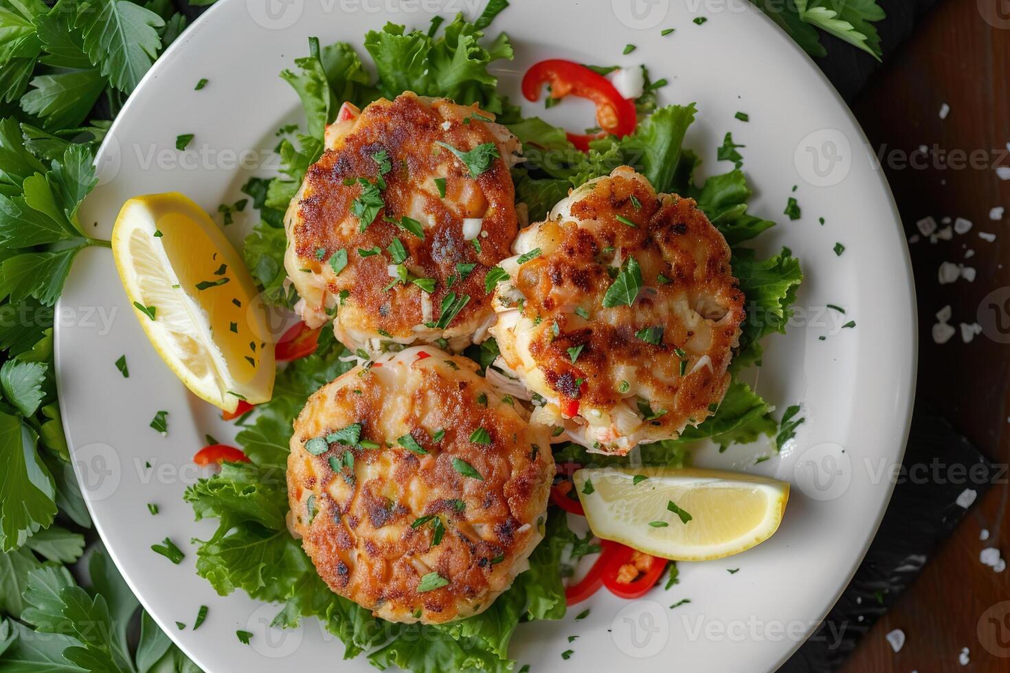 Crab cakes on bed of lettuce with lemon wedges and chili peppers, top view. photo