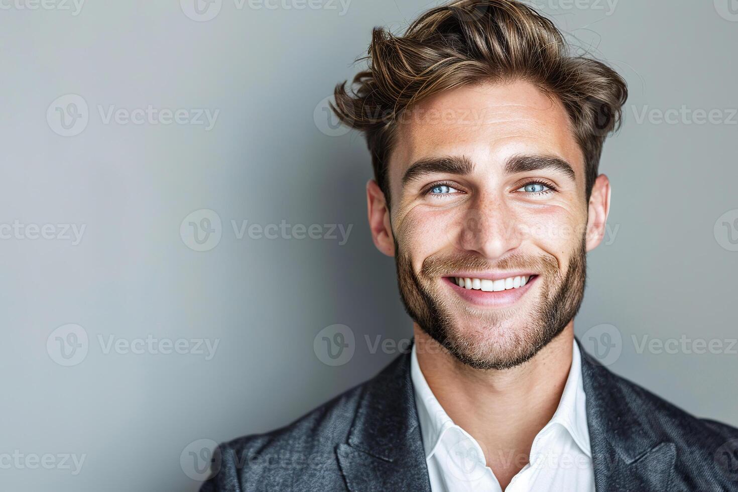 Confident Smiling Man in Professional Attire Against Gray Background. photo