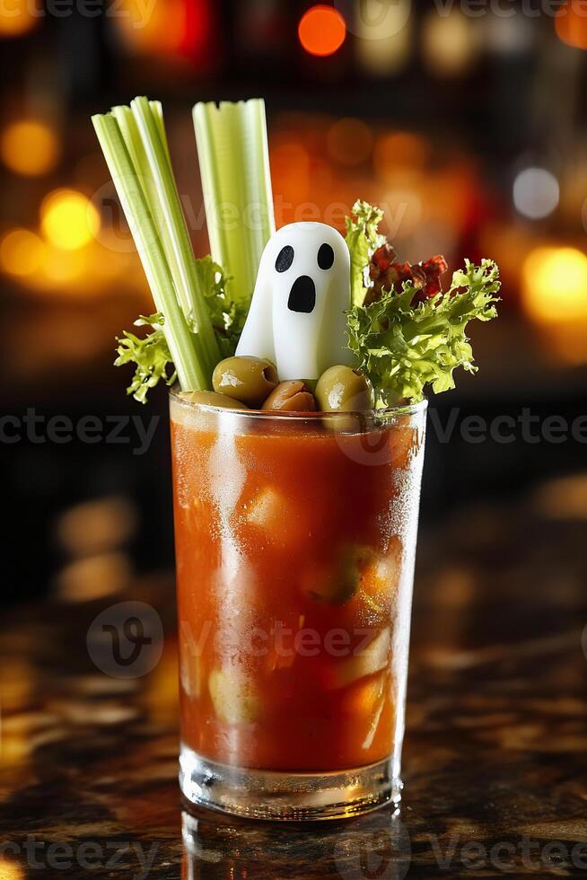 Halloween cocktail with ghost garnish and fresh vegetables on a festive bar counter. photo