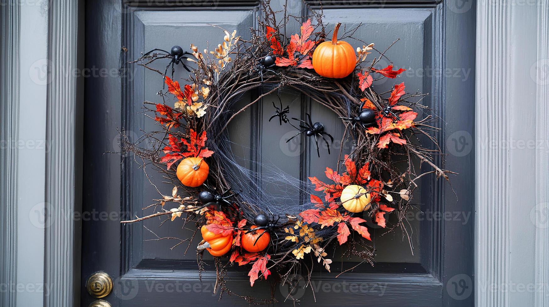 Festive Halloween Wreath with Pumpkins and Spiders on Dark Door. photo