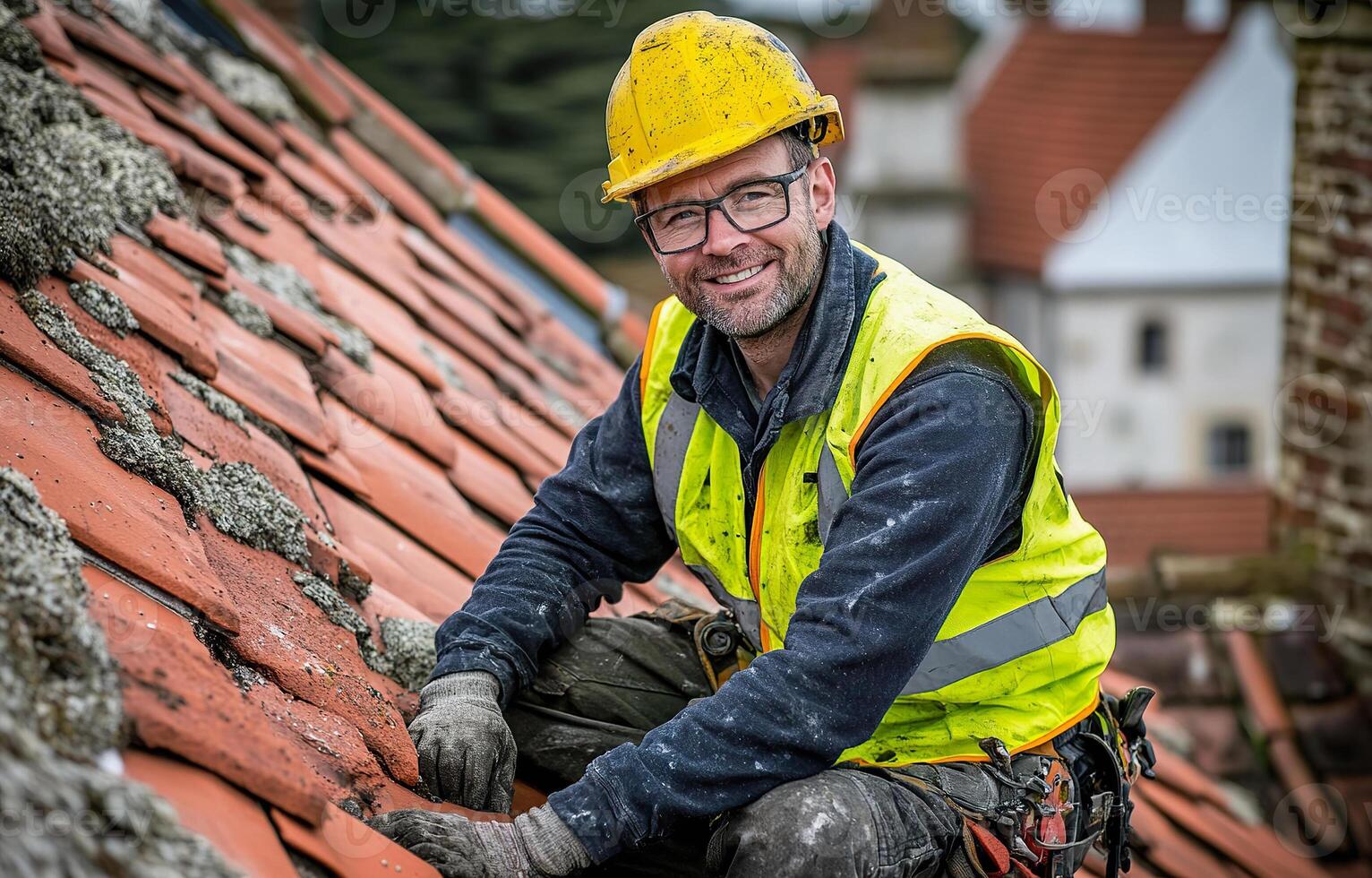 skilled roofer in safety gear on urban house roof with red tiles, working on a homes roof. photo