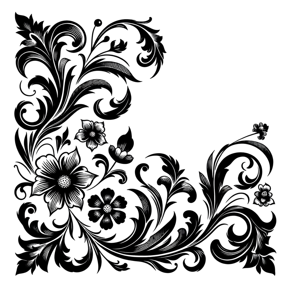 black and white simple floral corner design transparent background png