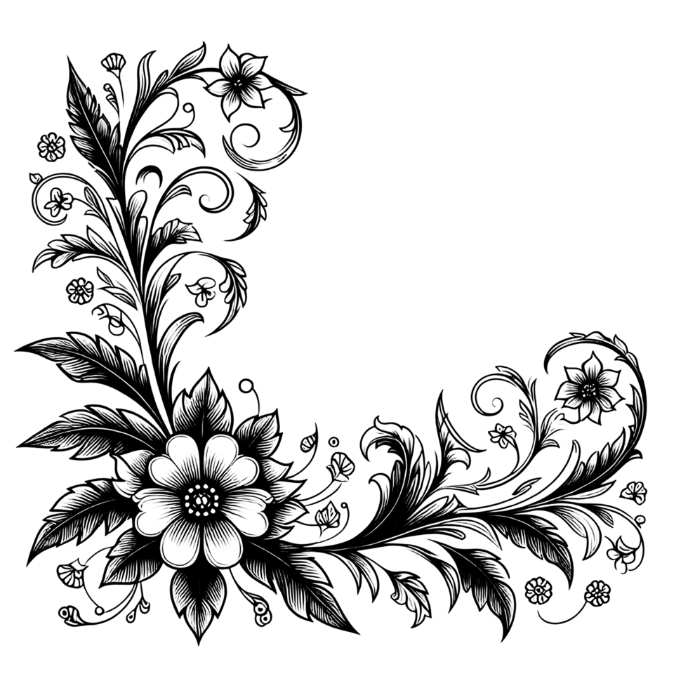 black and white floral design on a transparent background png
