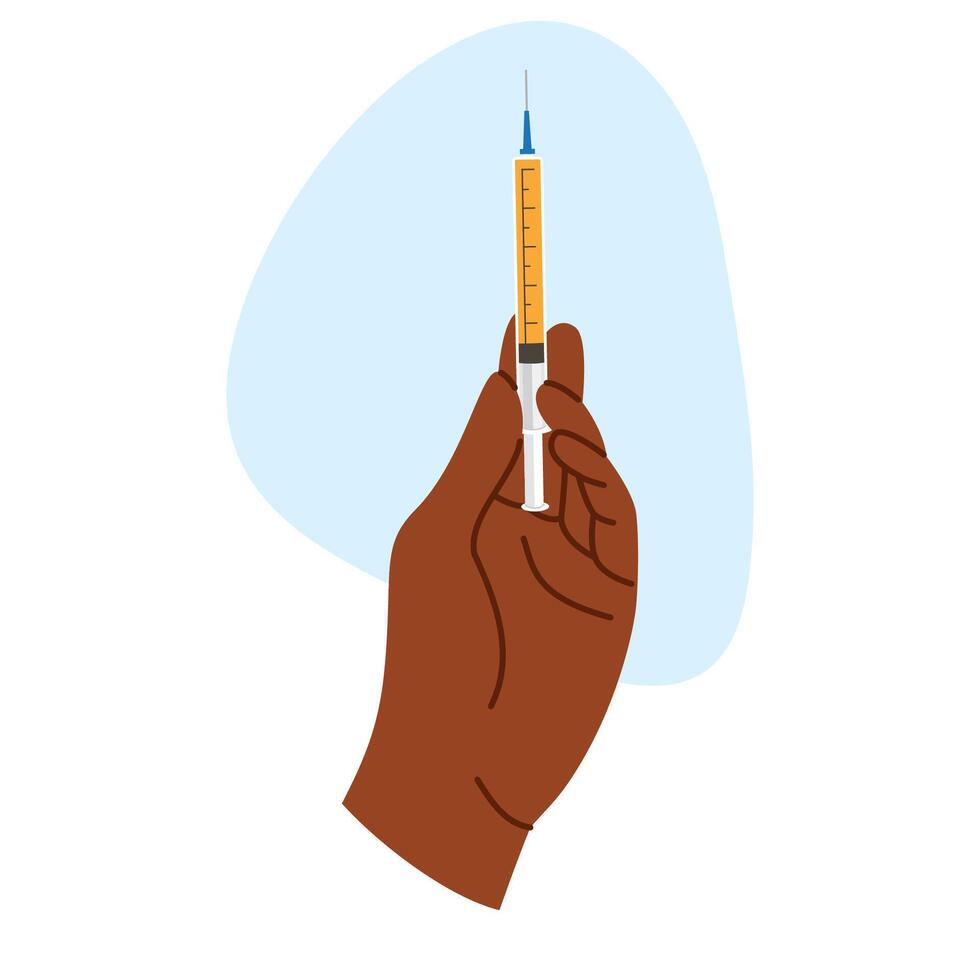 Dark skinned hand with syringe for serum injection. Beauty care concept vector