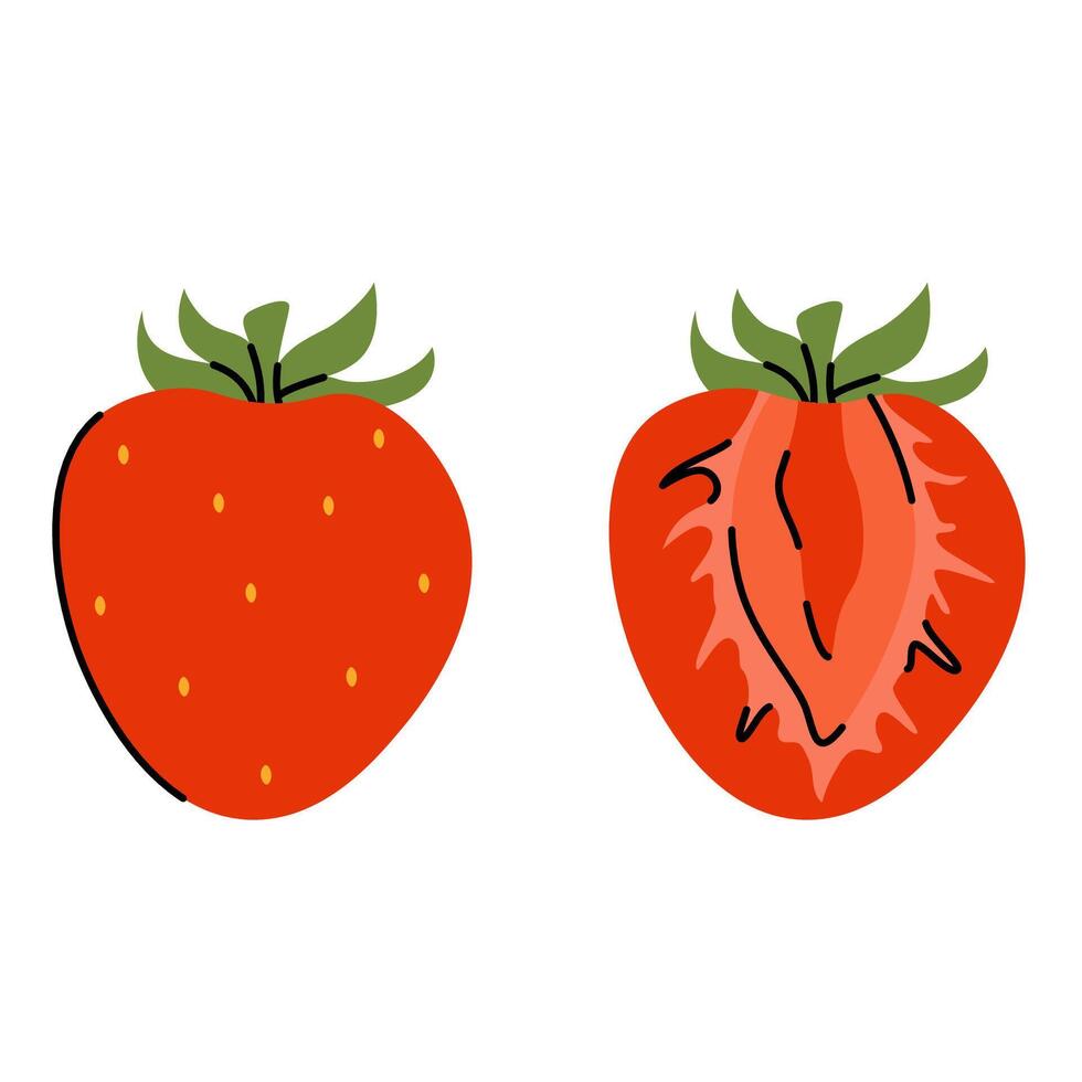 Bright red strawberries, whole and sliced in half, with focus on the seeds and green leaves vector