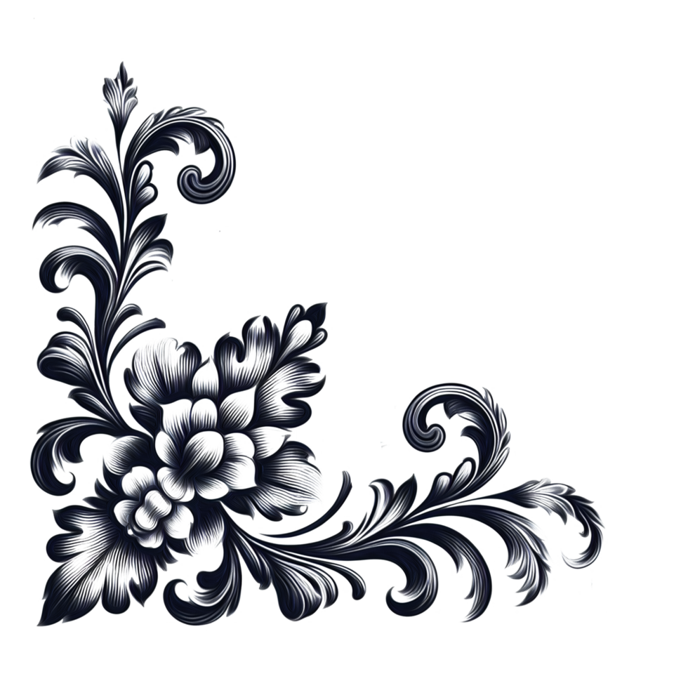 black and white floral design on a transparent background png