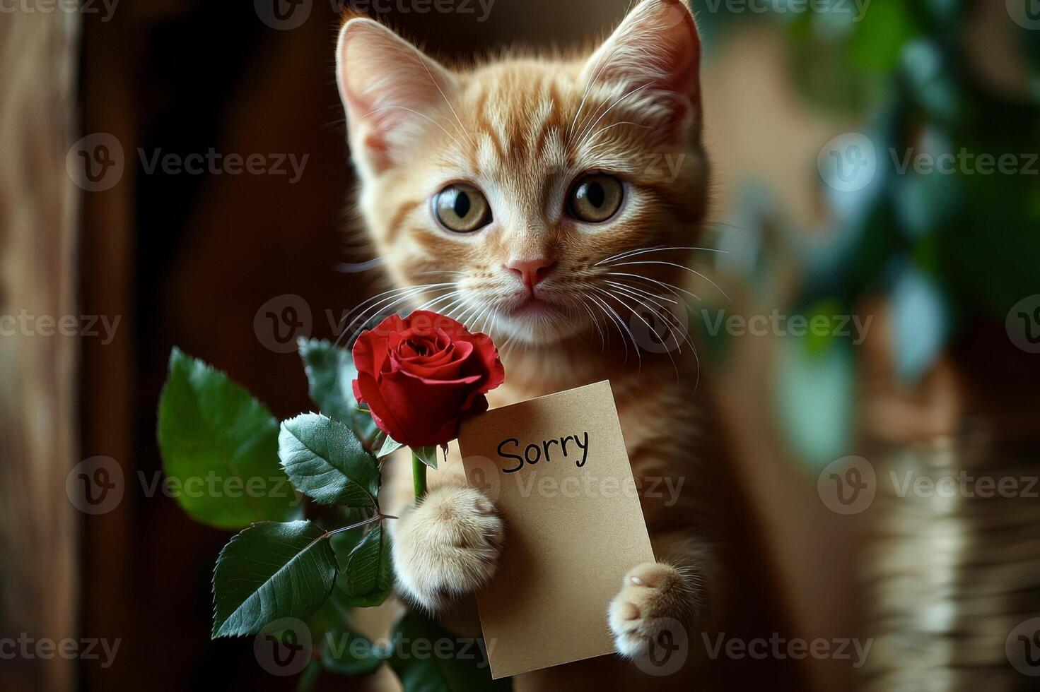 The red-haired kitten holds in its paws a note that says Sorry photo