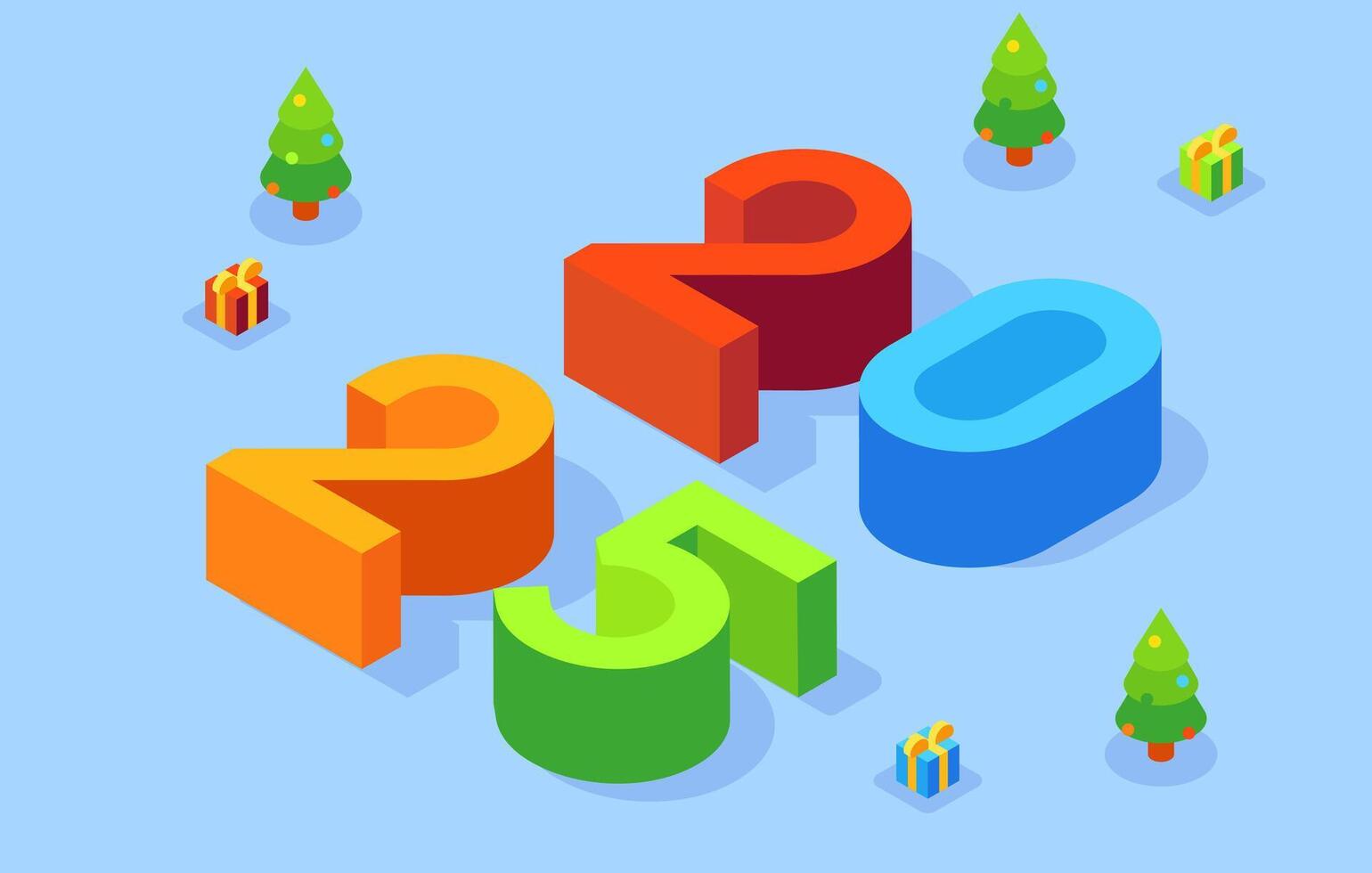 New Year 2025 poster design with isometric numbers, Christmas trees, and gifts. Flyer, banner, poster design concept in minimalistic style. vector