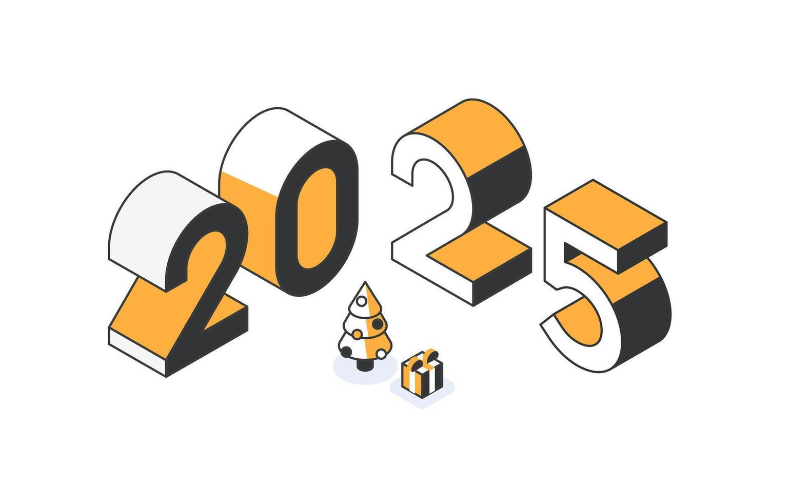 New Year 2025 poster design with isometric numbers, Christmas trees, and gifts. Flyer, banner, poster design concept in minimalistic style. vector