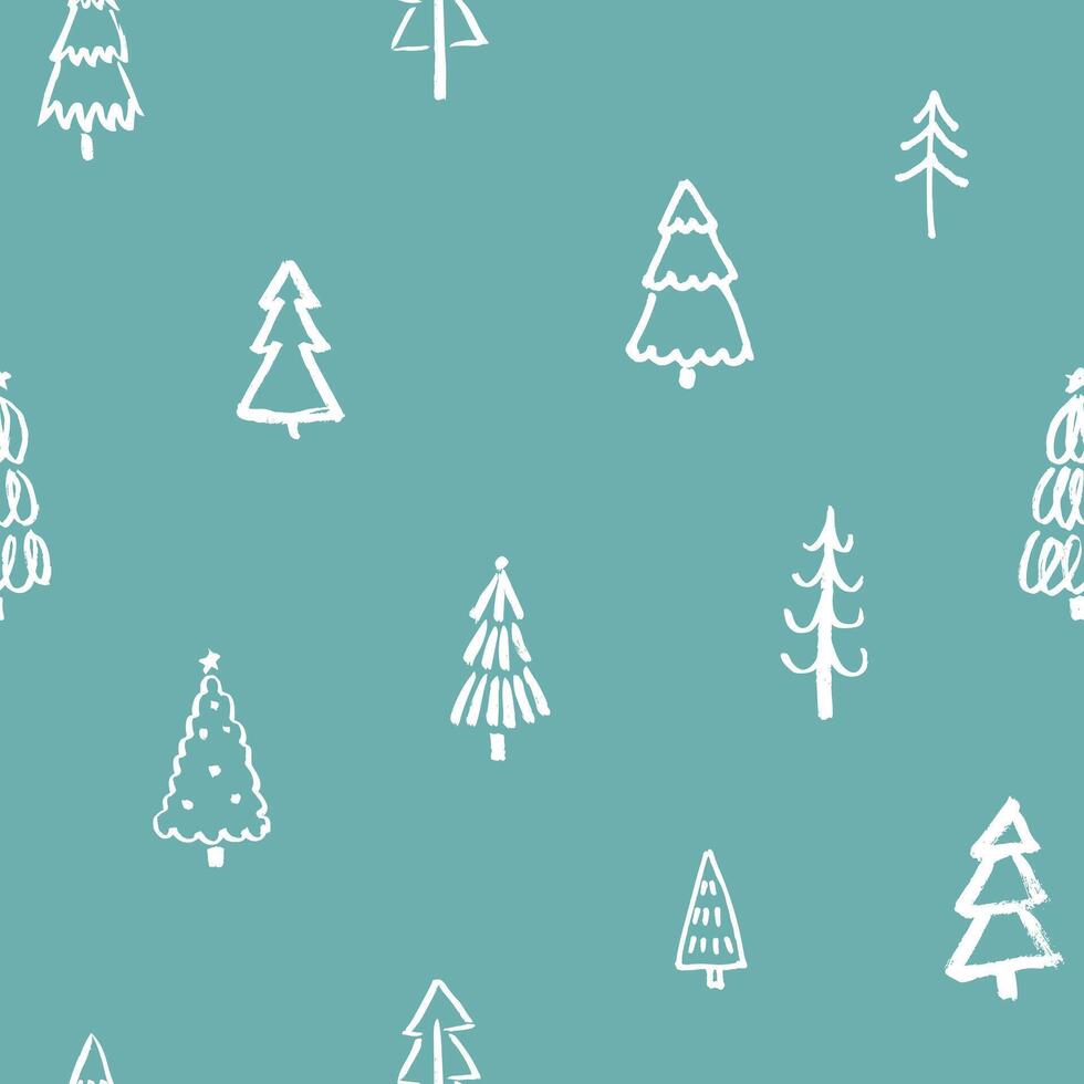 Christmas tree seamless ornament. New Year pattern with hand drawn white doodle trees. Festive background illustration vector
