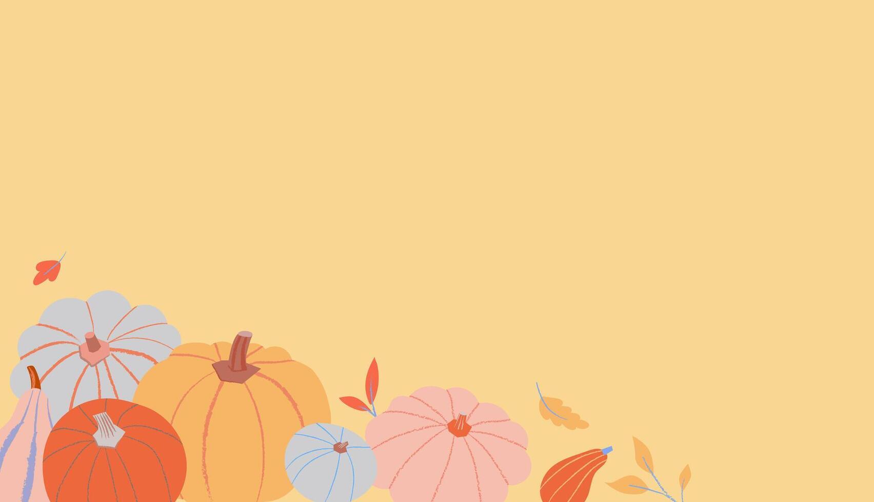 Thanksgiving background with pumpkins in modern flat style. Illustration of squashes and gourds with autumn leaves on yellow background vector