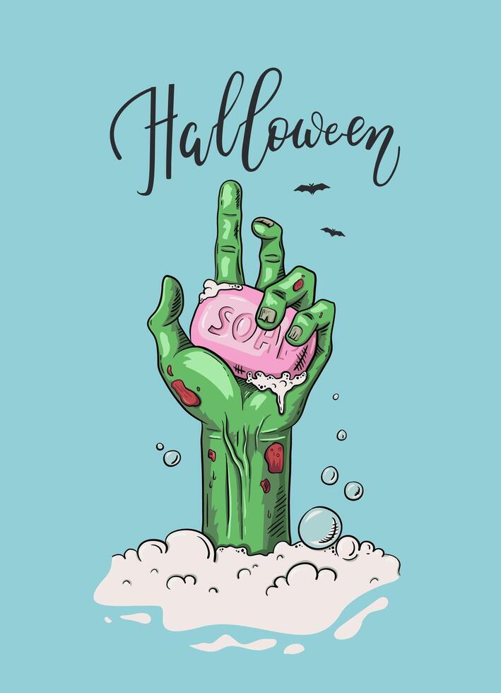 Halloween creative illustration with cartoon zombie hand holding soap and handwritten calligraphy vector